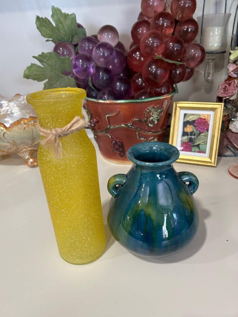 Yellow Glass Vase and Blue Ceramic Pot Duo - Home Accents